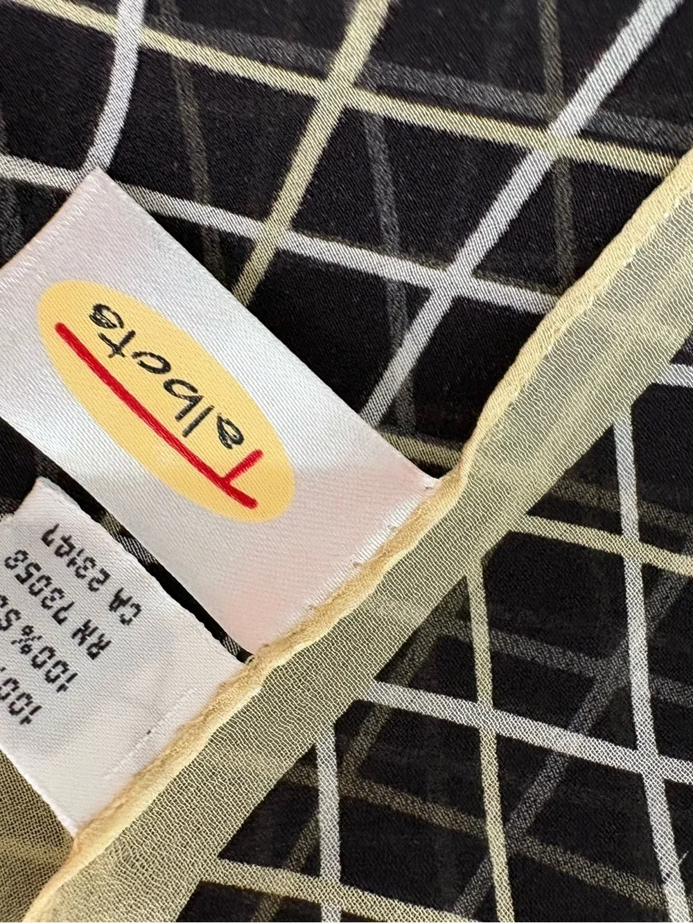 Talbots 100% Silk Scarf Black White Yellow Grid Plaid  Vintage 21